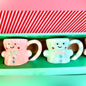 4 Christmas Ceramic Blue Pink Gingerbread Boys Girls Espresso Cups Tier Trays